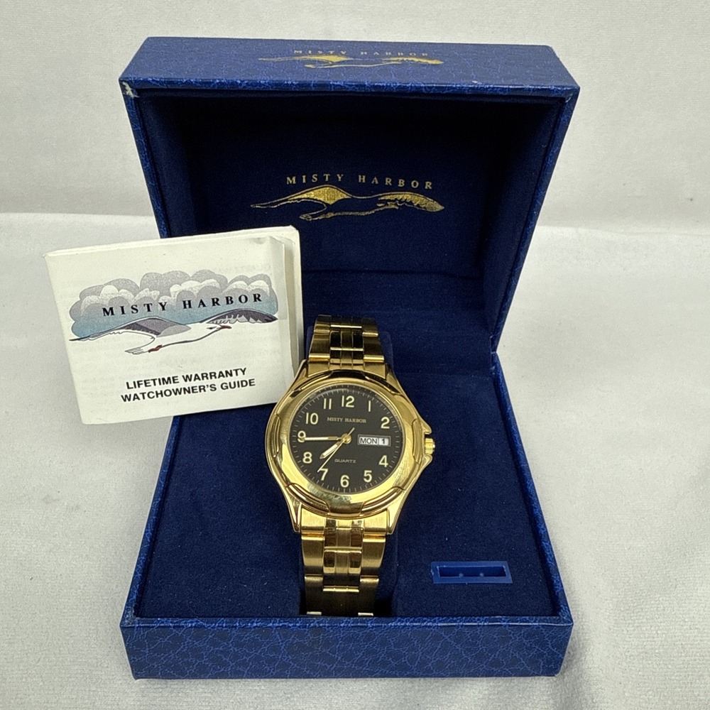 Misty Harbor Quartz Vintage Mens Watch Round Gold Tone‎ *Read